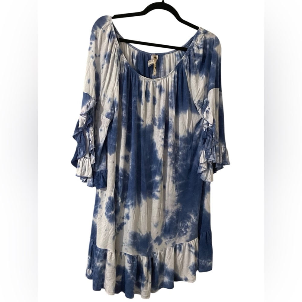 Women's Blue Tie-Dye Ruffle Sleeve Tunic Dress. See measurements. Like new.